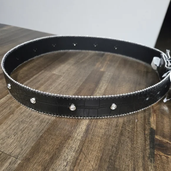 NWT True Religion Black Moc Croc Rhinestone Horseshoe Belt